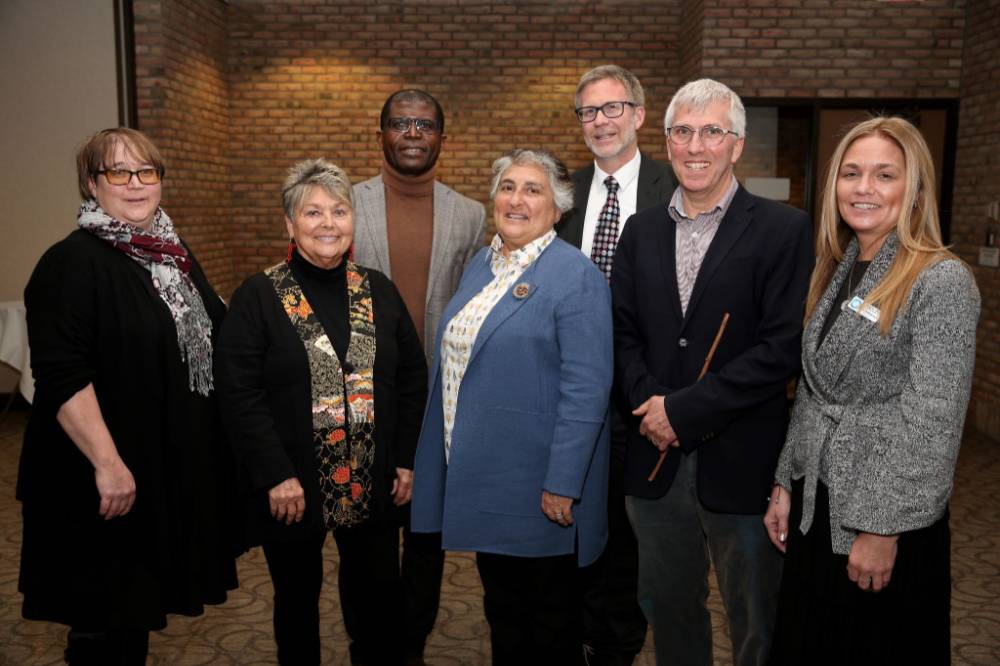All four endowed professors of civil discourse with interim dean Mark Schaub and Shelley Padnos and Carol Sarosik